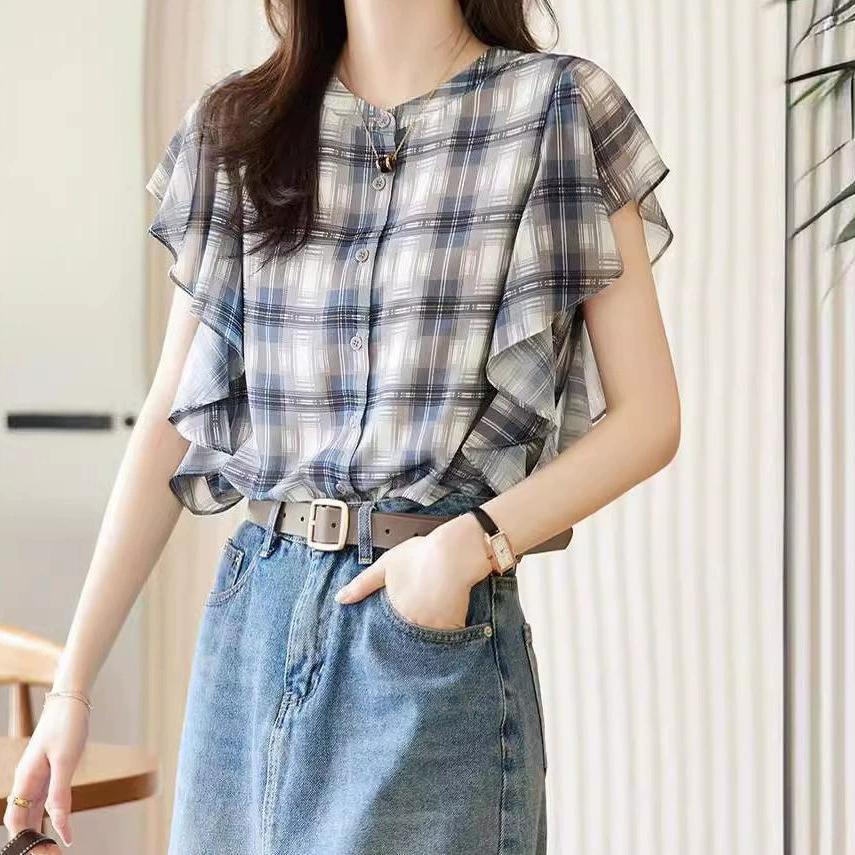 Women's Summer Ruffle Design Sweet Blouse Delicate Checkered Commuter Top