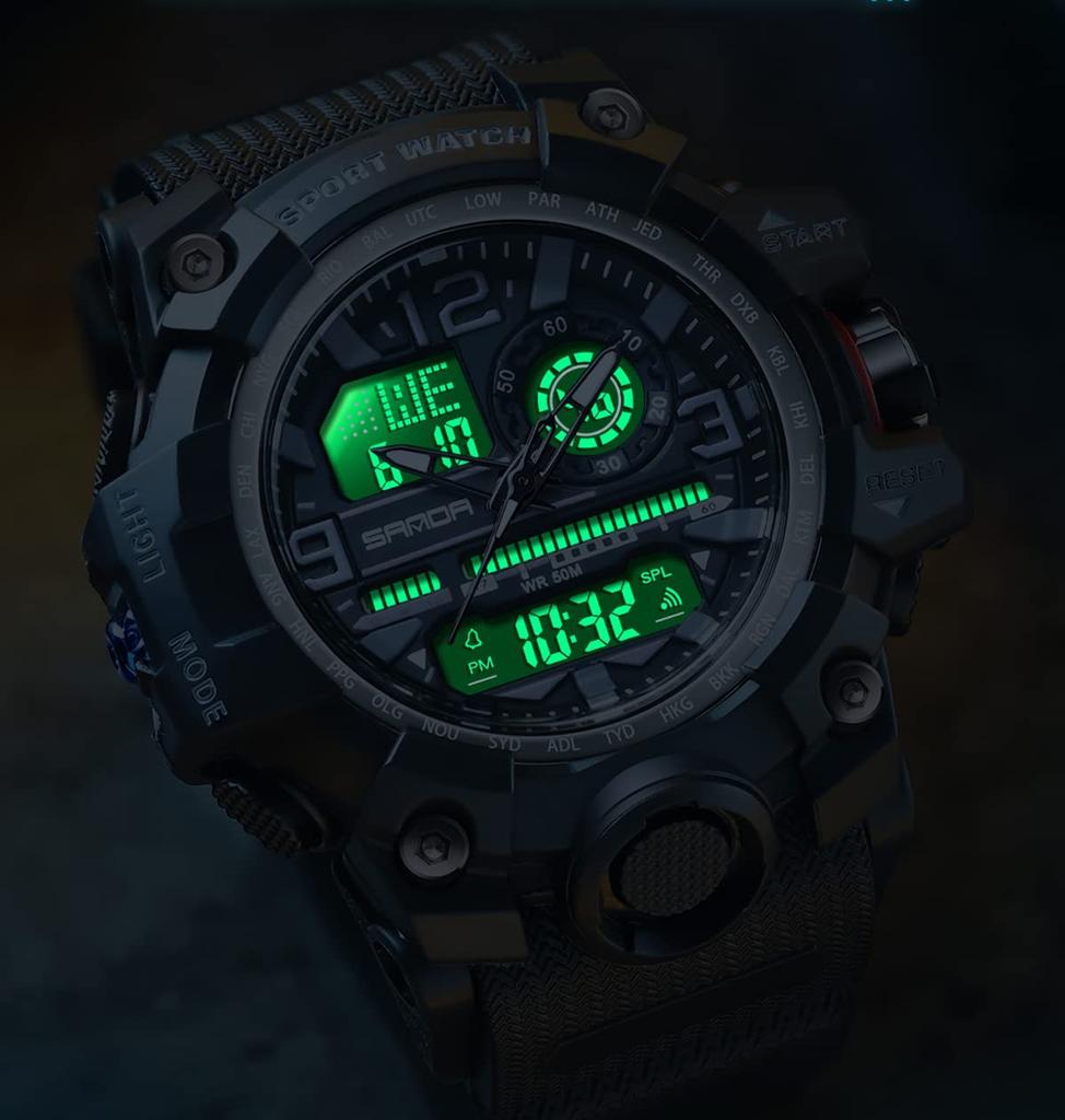 Digital Watch Sports Stopwatch Water Compatible Fashion Military Style Running Watch Dual Time Bilateral Time Display Alarm Alarm Clock Luminous 50m