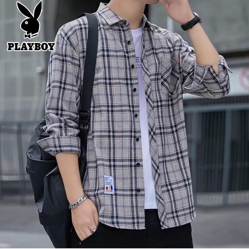 PLAYBOY Men's Plaid Long-Sleeve Casual Shirt
