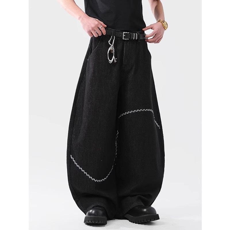 American retro embroidery design scimitar jeans men's solid color loose wide-leg casual floor pants