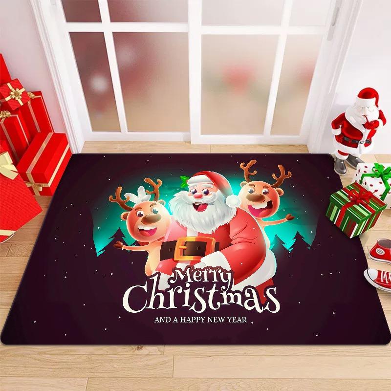 Weihnachts-Fußmatte mit festlichen Mustern wie Schleifen Stechpalmen Weihnachtsmann Rentier Karomuster Geweih Rutschfest Willkommen Eingang Ru