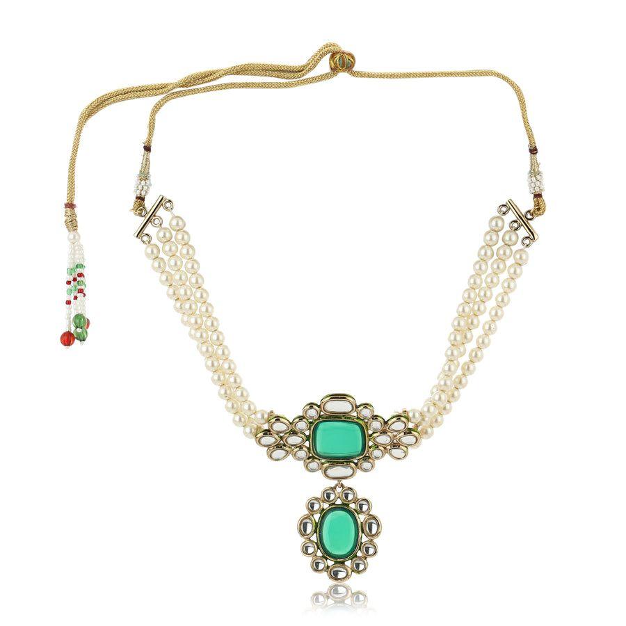 Estele Stunning Emerald and Kundan Pearl Necklace Set for Women
