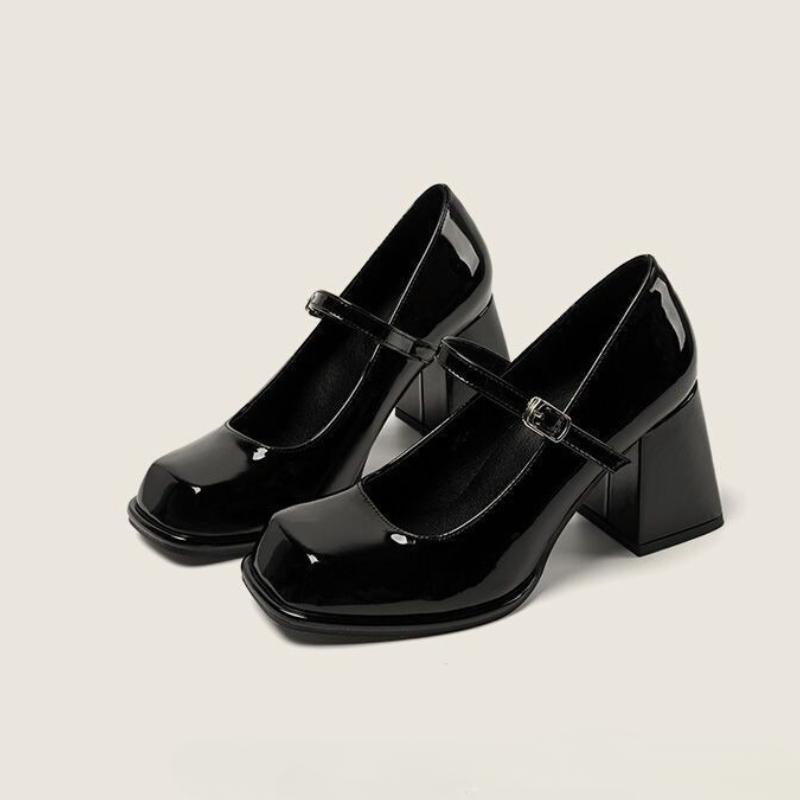Fashion High Heeled Women's Sandals Square Toe Marie Janes Woman Shoes 2025 New Summer Shallow Chunky Elegant Dress Pumps Leather Mujer