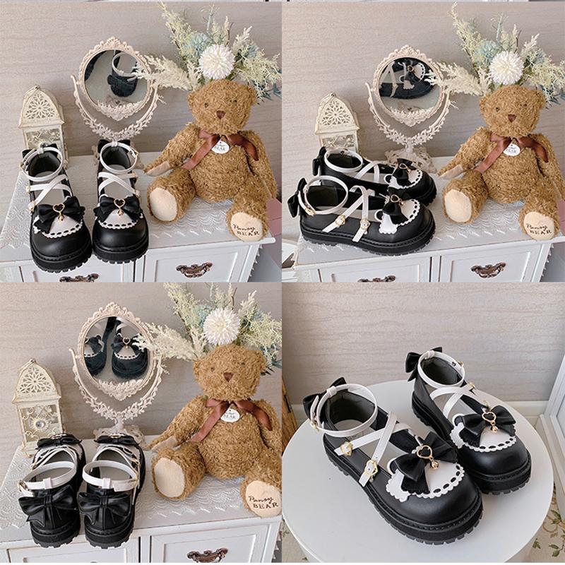 Lovely Girls Lolita Sweet Bowknots Platform Shoes,Students Cute Small Bell Heart Shaped Straps Flat Elevator Shoes Mary Janes