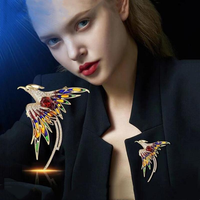 Fashionable Rhinestone Phoenix Brooch with Long Tail Exquisite Accessory for Clothing And Bags Versatile Temperament Piece