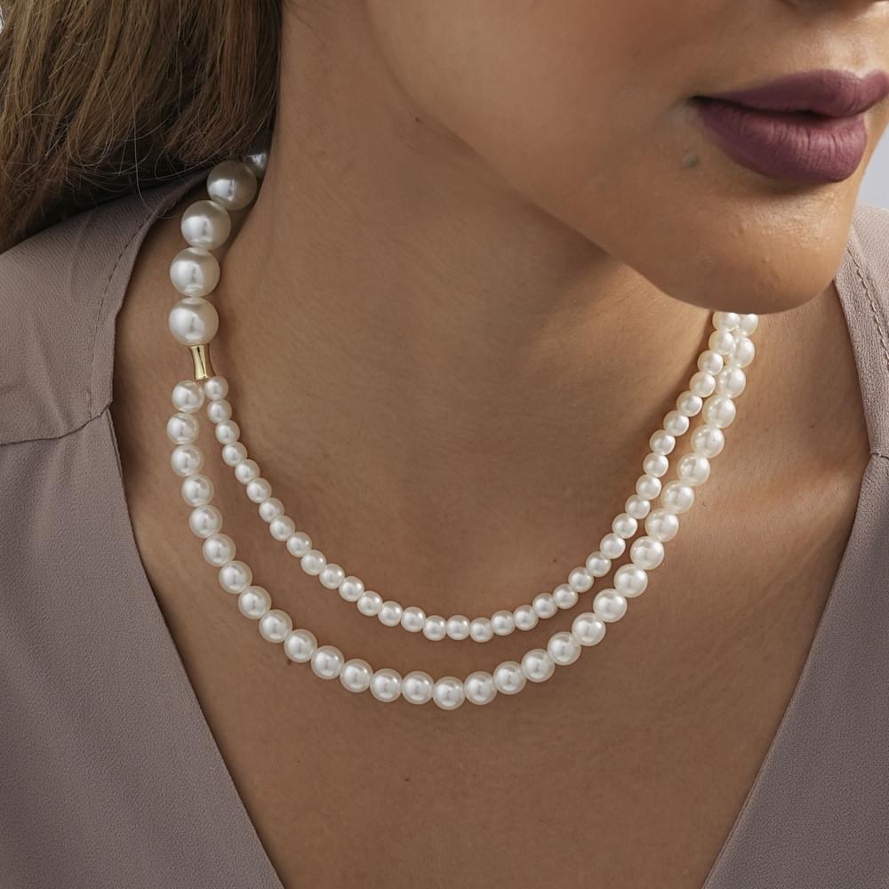Double Beautiful Layer Pearl Necklace For Women Fashionable Geometric Design In Color White