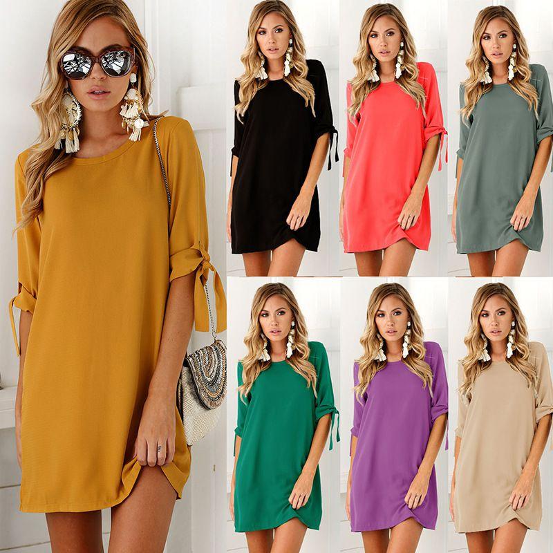 Stijlvolle Damesmode Jurk met Korte Mouwen en Ronde Hals in Effen Kleur voor Zomerse Gelegenheden