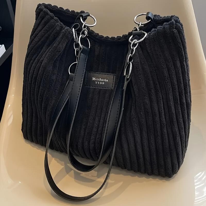 An Elegant Corduroy Handbag for Women,Featuring A Chain Shoulder Strap,Spacious Design,Perfect for Daily Commuting,with A Polyester Lining,Zip Closure
