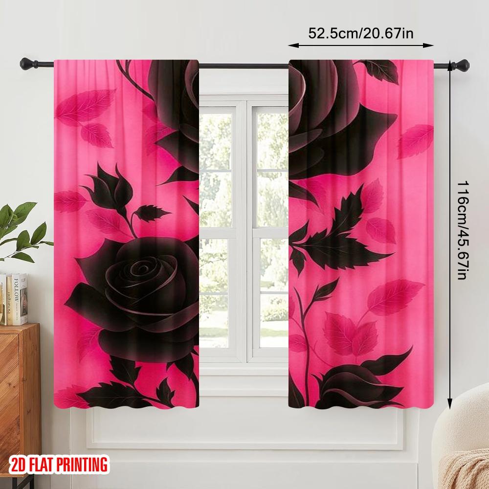 2pcs,2D Plane Printing Popular Curtains Dark Blooming Roses Versatile Fabric (without Rod) Festive for Bedroom Living Room Study