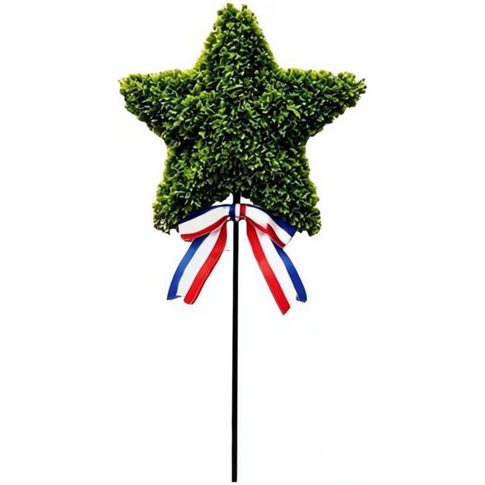 Patriotic Star Topiary Artificial Plants, 4th of July Artificial Boxwood Topiary Tree with Red White Blue Ribbon