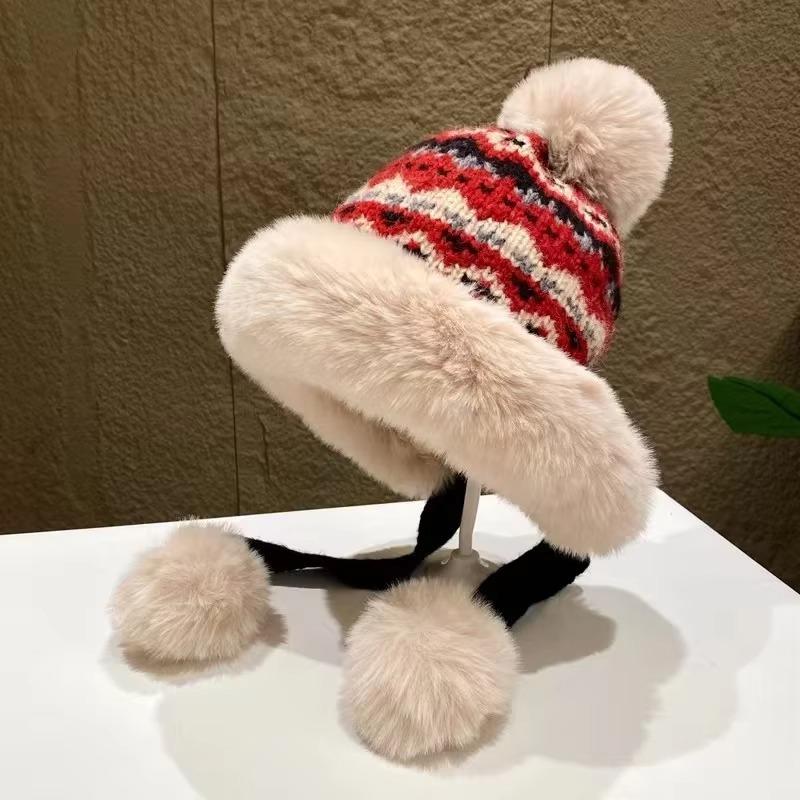 Retro Autumn and Winter Thickened for Keep Warmth Lei Feng Hat Women Fluffy Fur Ball Ear Protection Knitted Mao Line Hat