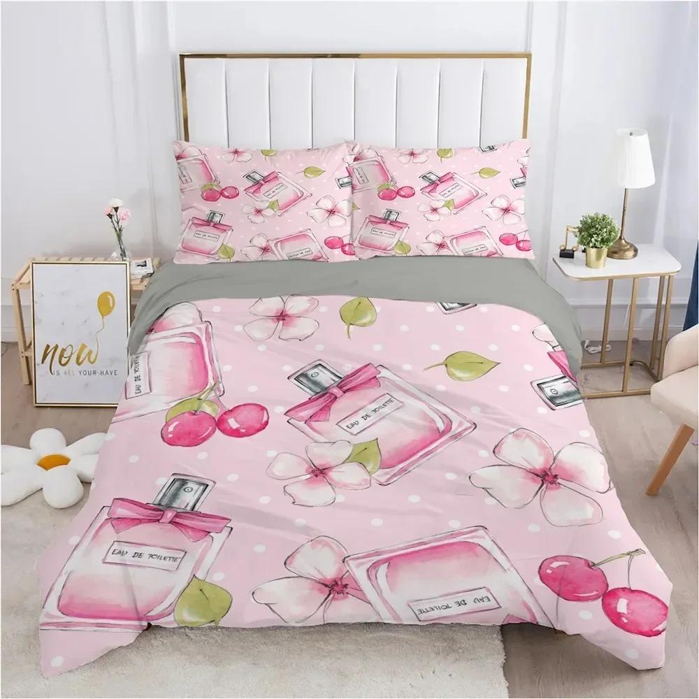 Perfume Floral Duvet Cover Set Pink Makeup Bedding Set With Pillowcase,Girls Women Romantic Fashion Gifts Comforter Cover Set