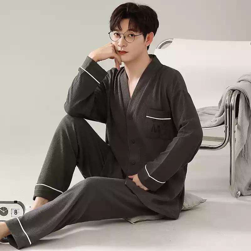 Herren Kimono Langarm Pyjama Set Cardigan Baumwolle Frühling und Herbst Loungewearkoreanische Mode Loungewear