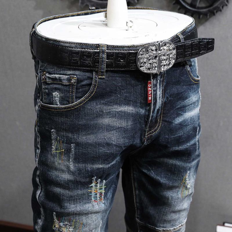 Men's Slim Fit Jeans - Vintage Washed Blue & Black with Embroidery, European & American Street Style