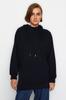 Women's Elegance Style Sweatshirt Black Hooded Oversize Shawl Knitted Sweatshirt