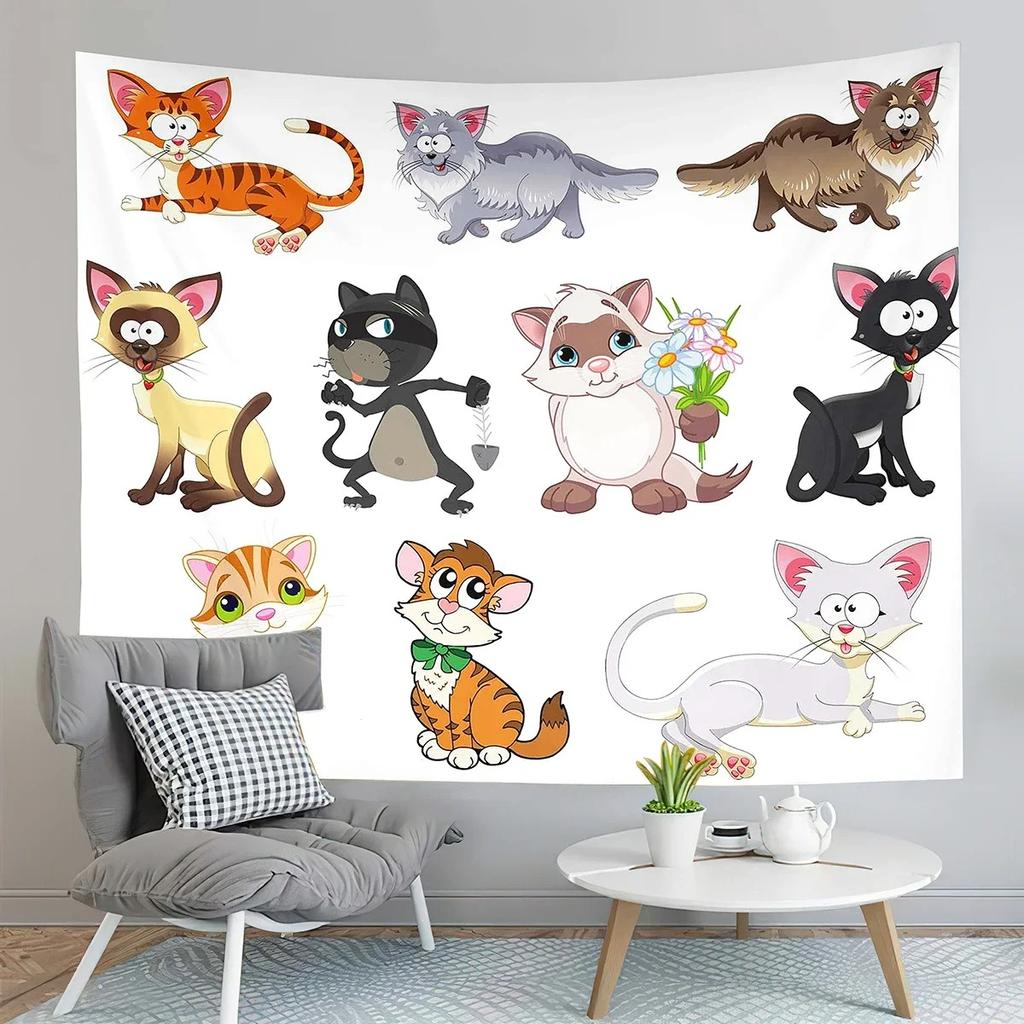 Wandteppich mit Cartoon-Motiv, süße Katze, für Zuhause, Wanddekoration, Wandteppich für Büro, Wohnzimmer