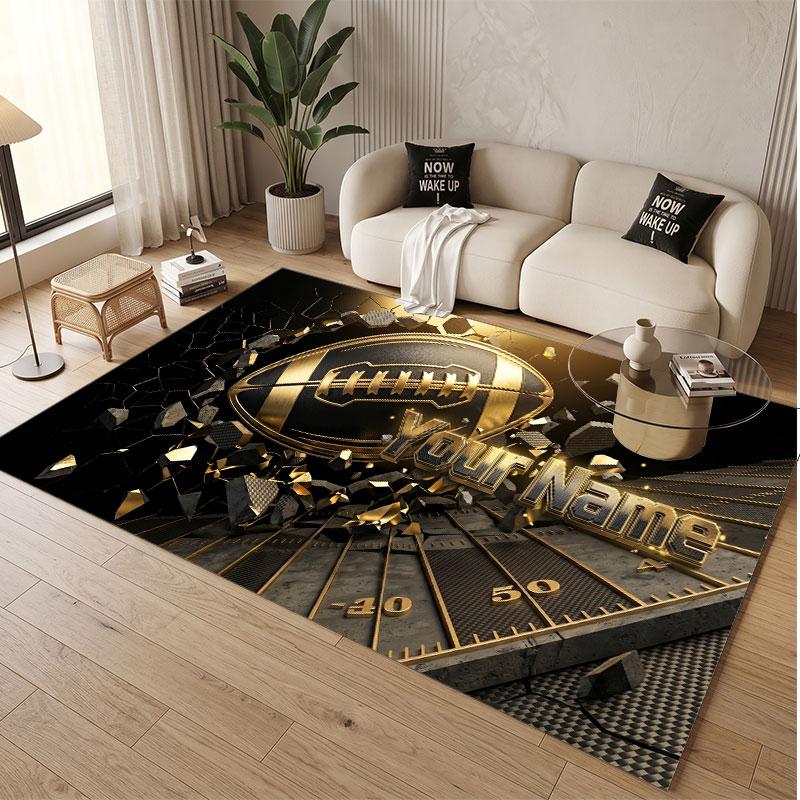 American Football Theme Soft Crystal Velvet Rug Custom Name & Text Print Non Slip Floor Rug for Bedroom Living Room