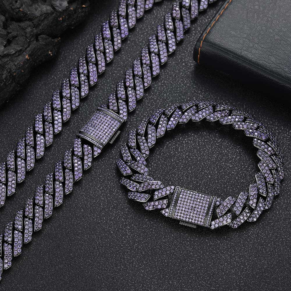 NUOYA Hip Hop Jewelry 15mm Black Plated Iced Out Purple Cubic Zirconia Two Row Diamond Prong Miami Cuban Link Chain Bracelet