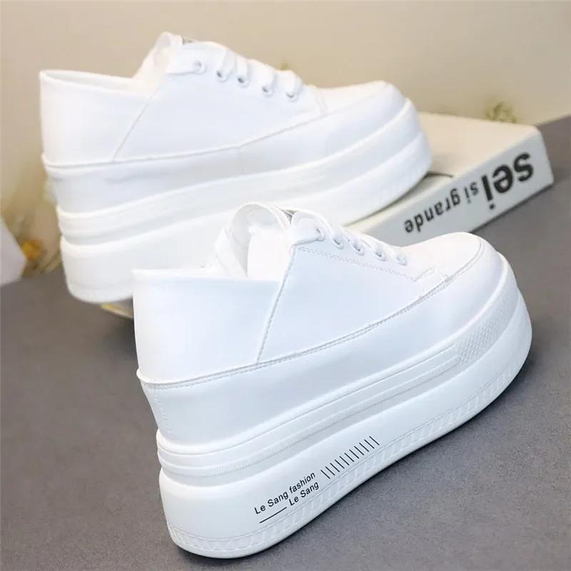 10CM Leather Microfiber Women Casual Shoes Platform Wedge Hidden Heel Summer Shoes Platform Chunky Sneakeers Fashion White