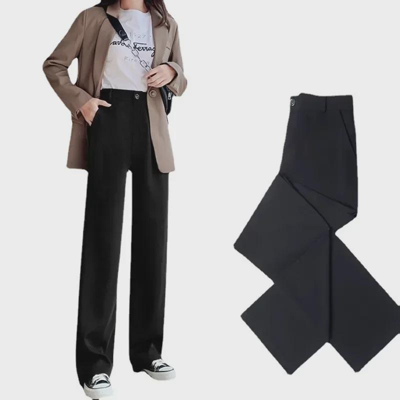 Women's Black Wide-Leg Drape Trousers - Summer Straight Pants