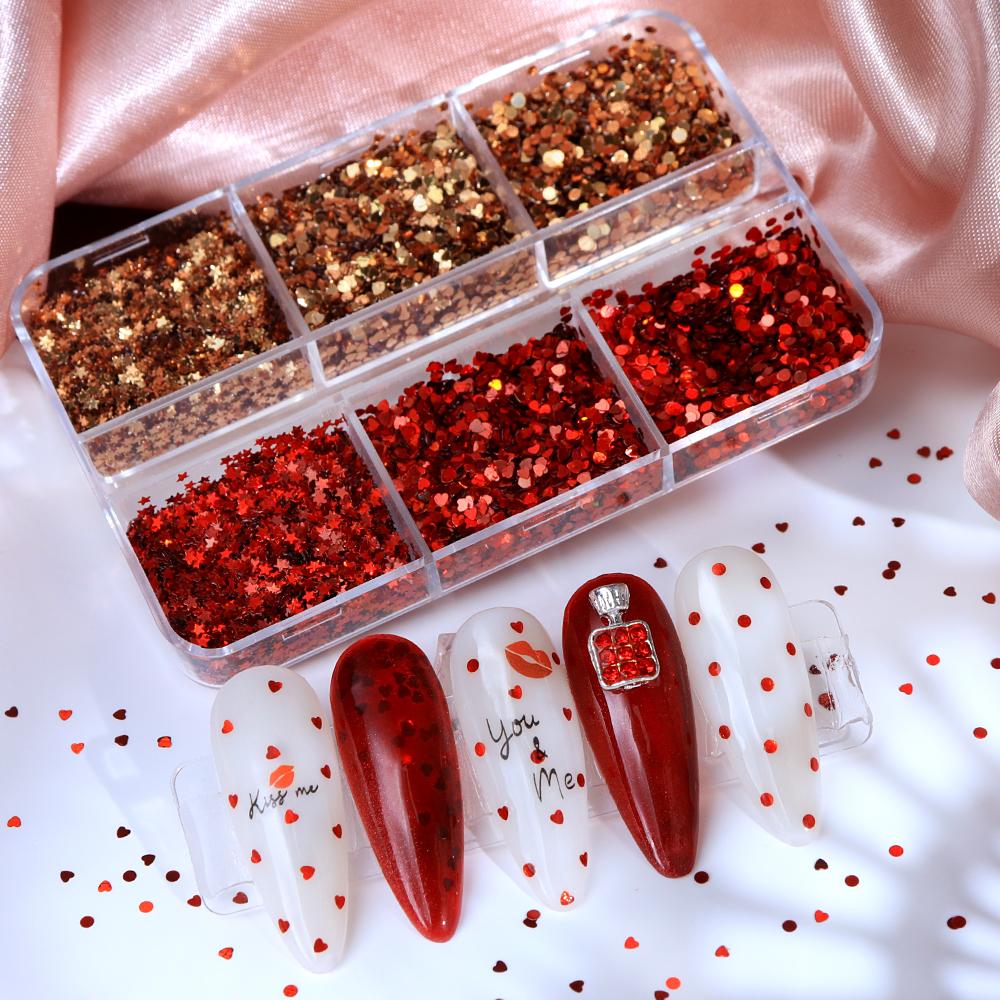 1 Box Red Golden Star Love Heart Nail Art Sequins Christmas Decoration for DIY Women's Nail Salon Design Decoration Festive Nail Parts Nail Supplies
