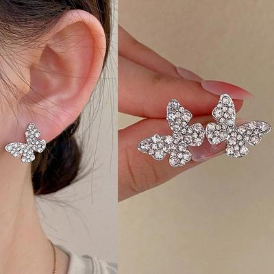 Kolor srebrny kolczyki sztyfty z motylem dla kobiet pełny kryształ górski luksusowa ślubna biżuteria do uszu słodkie kolczyki pendientes mujer