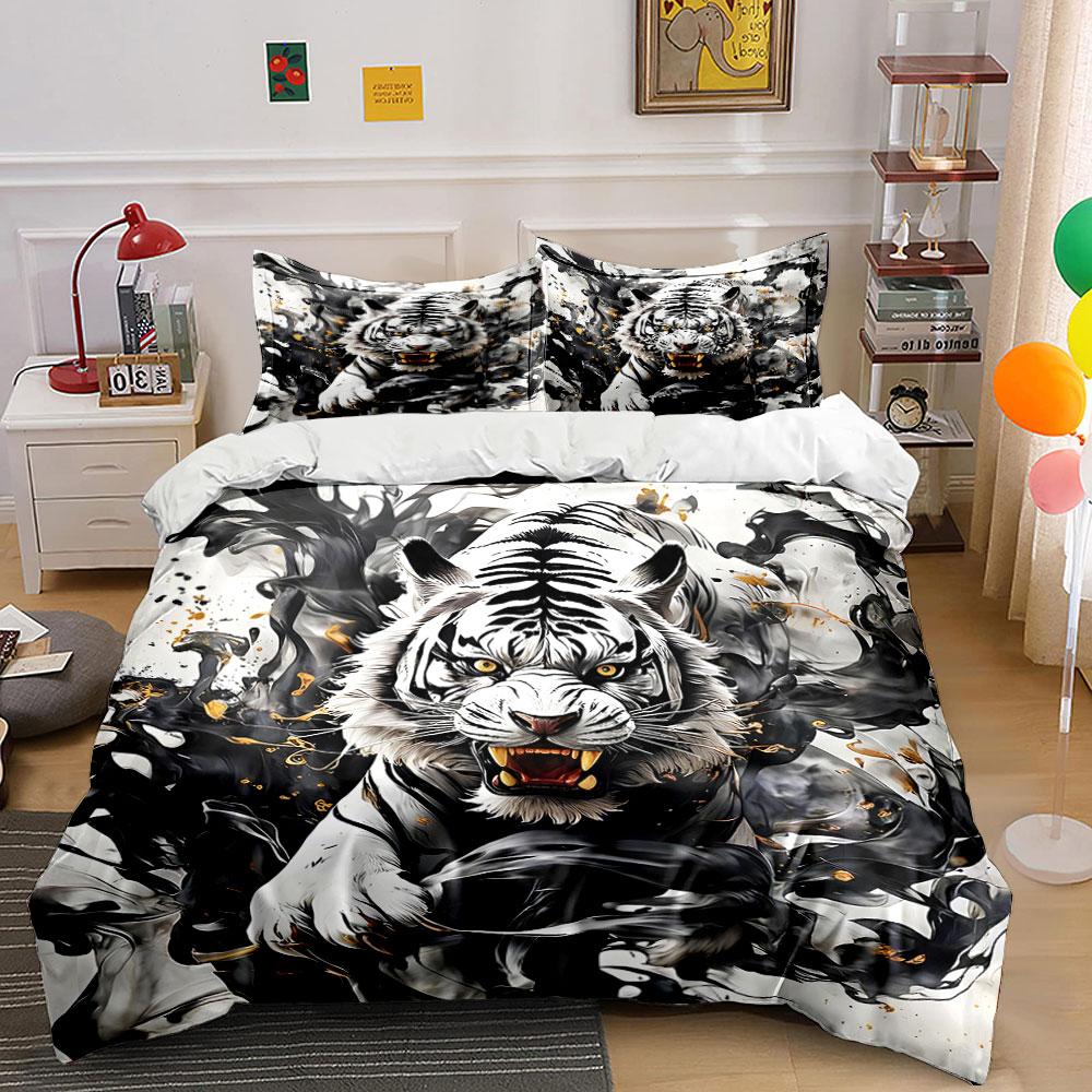 White Tiger with Black Smoke Bedding Duvet Cover Set (1*Duvet Cover 2*Pillowcases, Without Duvet Insert)