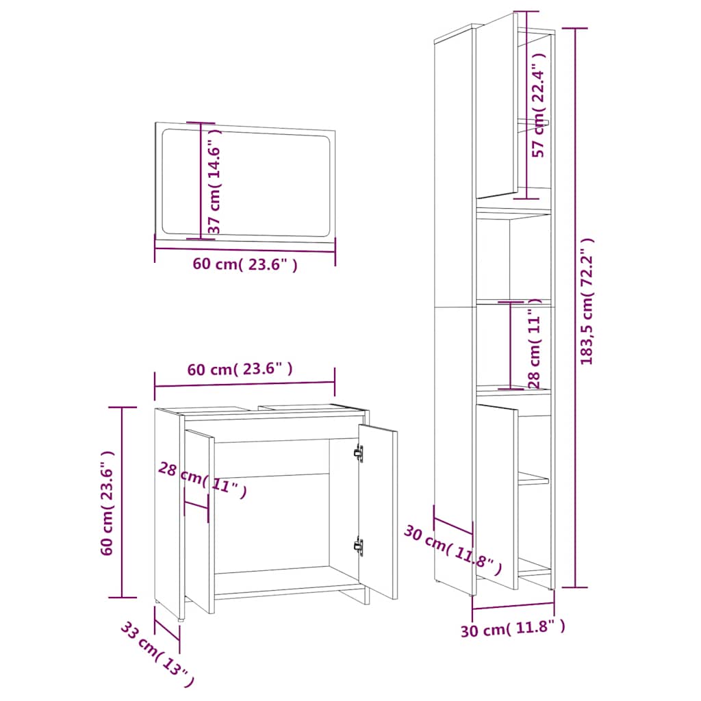 3 Piece Bathroom Furniture Set Grey Sonoma Particleboard