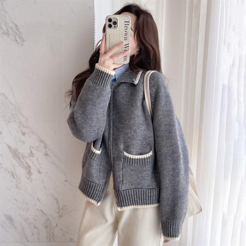

TonLion 2025 Autumn Lapel Colorblock Zipper Cardigan Jacket S