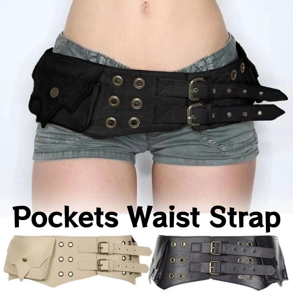 Round Eyelet Pockets Waist Strap Vintage Pu Leather Belt Trouser Decorative Waistband Hiking
