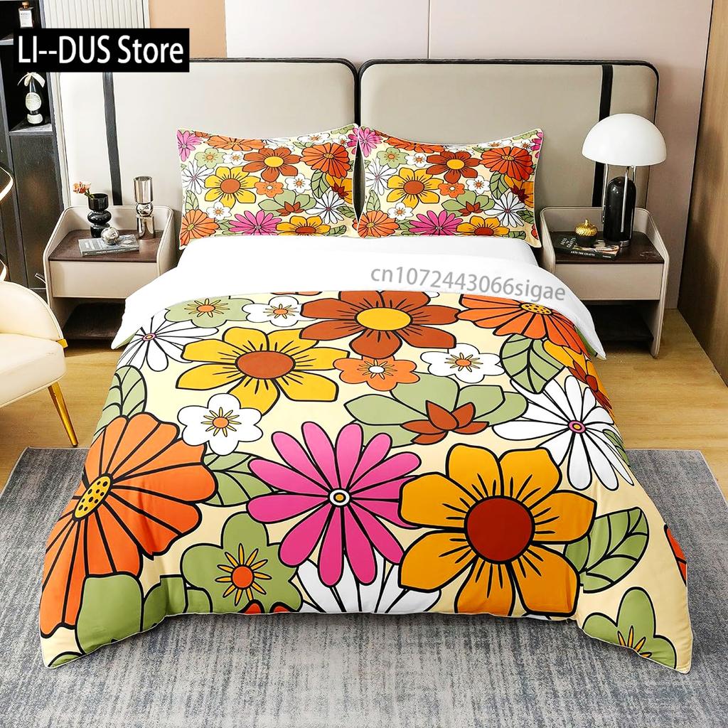 Floral Bedding Set Full Size Colorful Flowers Comforter Cover for Girls Child Duvet Cover Bedroom Decor with 2 Pillow Cases