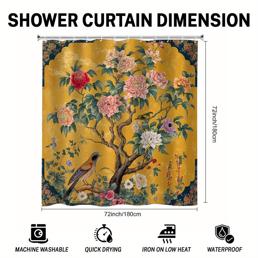 Waterproof Shower Curtain with Elegant Peony Flowers and Birds On a Vibrant Yellow Background for a Luxurious Bathroom Decor