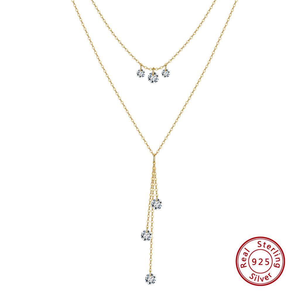 BQN20 Tassel Zirconia Pendant Bohemian Double Layer 925 Sterling Silver Stacking Choker Necklace