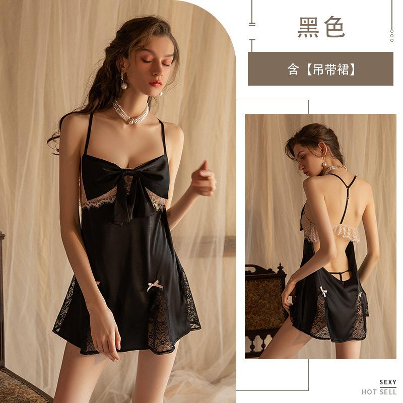 

Sexy underwear Sexy bow lace perspective suspender nightdress Summer ice silk backless hot women s pajamas One size fits all