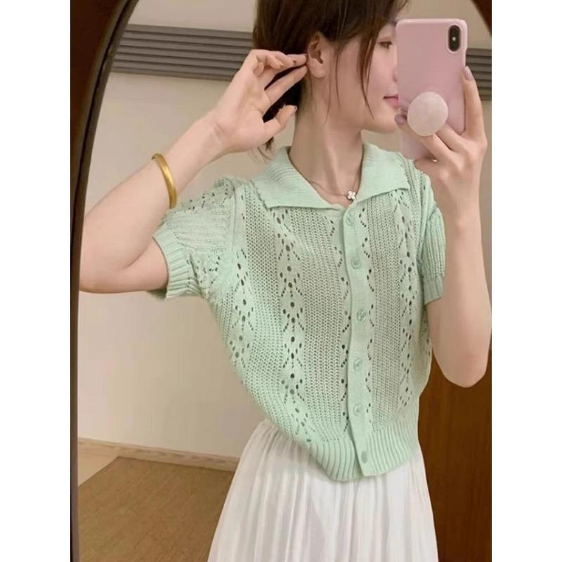 Summer Ice Silk Hollow Blue Lapel Short-sleeved Knitted Sweater Women's New Commuter Versatile Chic Polo Top