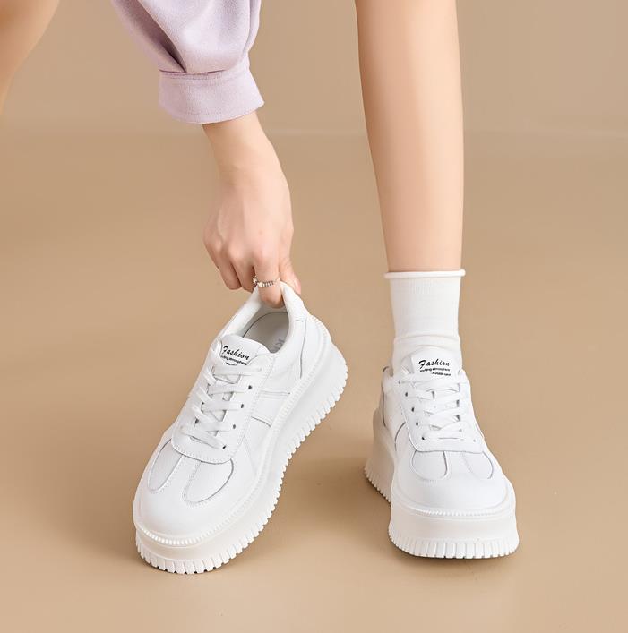 Fashion 6CM Genuine Leather Women's Casual Thick Bottom Sneakers Spring Style Versatile Student Fashionable Board Shoes Upper Lace-Up