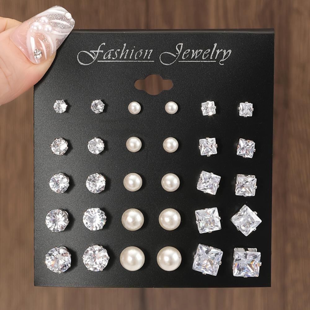 15 Pairs Classic Luxury Geometric Six Claw Zircon Crystal Pearl Stud Earrings Sets for Women Daily Wear Piercing Jewelry Gifts