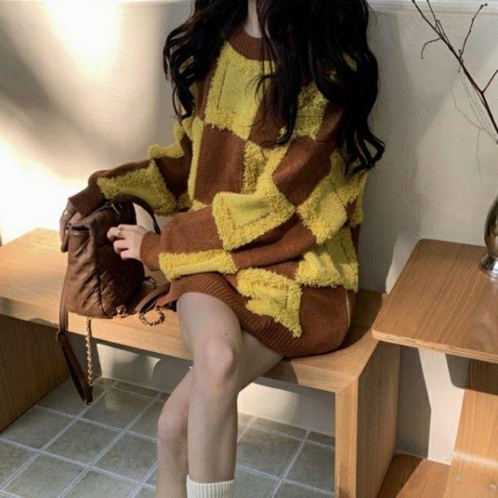 

WTEMPO Средний шахматный вязаный свитер осенний женский повседневный толстый теплый свободный топ с длинным рукавом в стиле пэчворк универсальный джемпер XXL кофейный