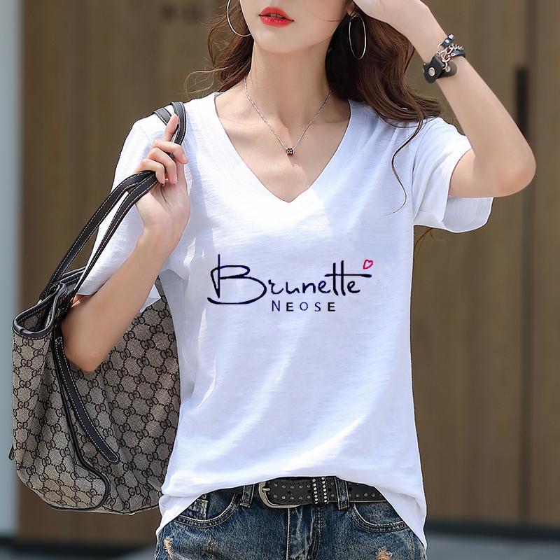 Women's Korean Style Loose Bamboo Cotton V-Neck Printed Half-Sleeve T-Shirt
