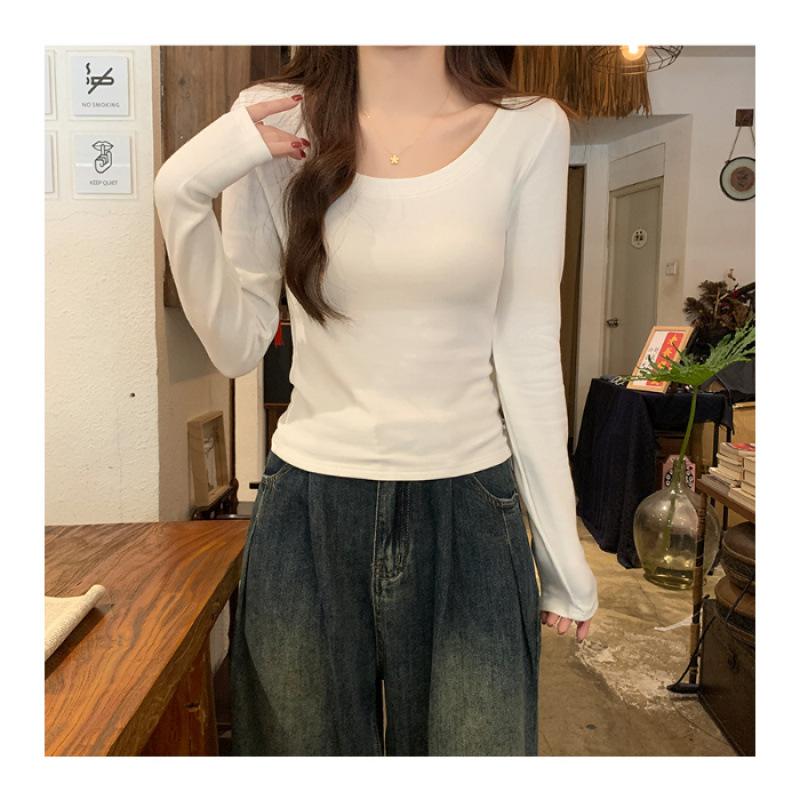 Quality elastane U-neck white front shoulder long-sleeved T-shirt women s spring and autumn new top S