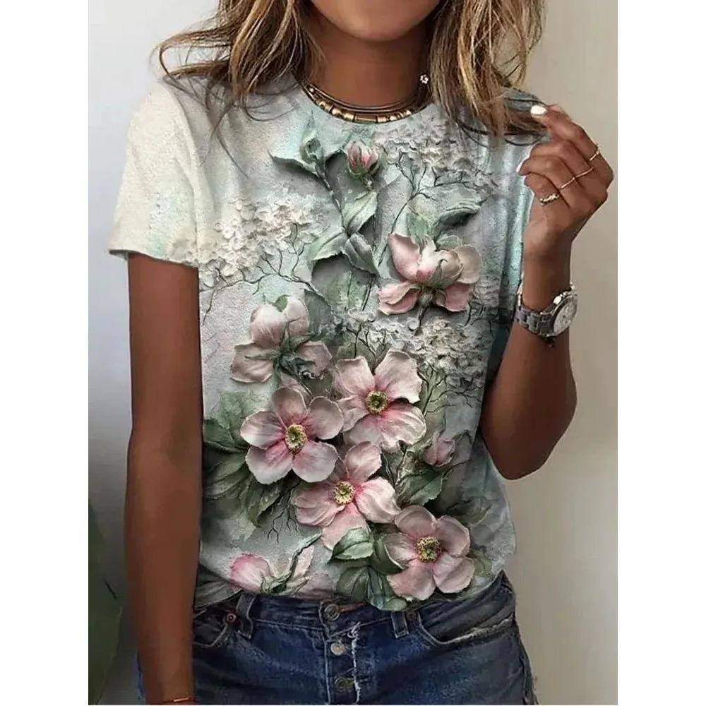 Summer Round Neck Flower Pattern 3D Print Top Fashionable Casual Short Sleeved Women's T-shirts