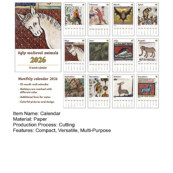 2026 Ugly Medieval Animals Wall Calendar Standard Size Coil Bound Desk Calendar Thick Paper
