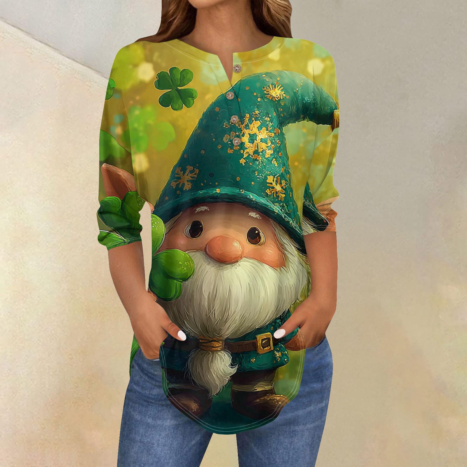 Women s Loose Button Collar Semana Print Three-quarter Sleeve T-shirt Shirt L