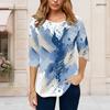 Women Plus Size Round Neck 3 4 Sleeve Abstract Printed T Shirt Blue Beige White Curved Hem