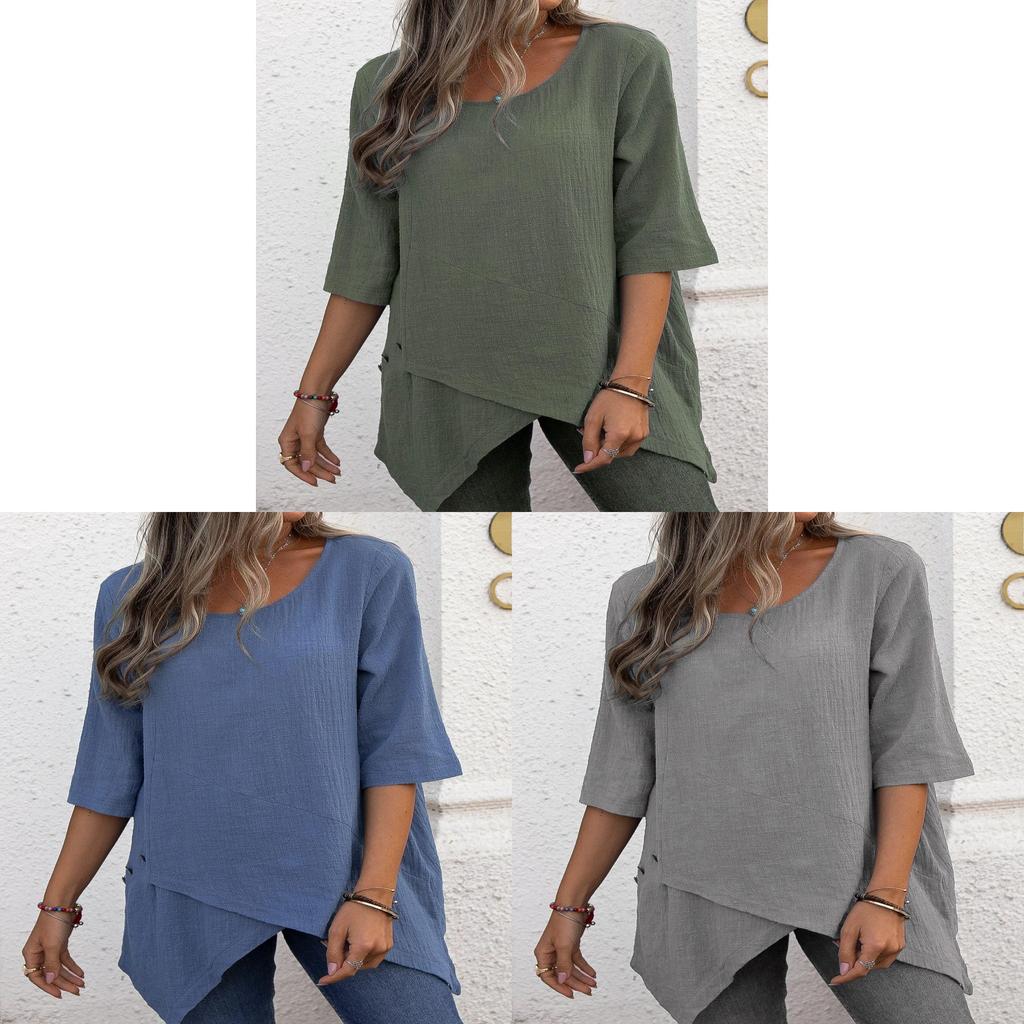 Camicia in Cotone e Lino Stile Bohémien Vestibilità Larga con Design Irregolare per Abbigliamento Casual Primaverile