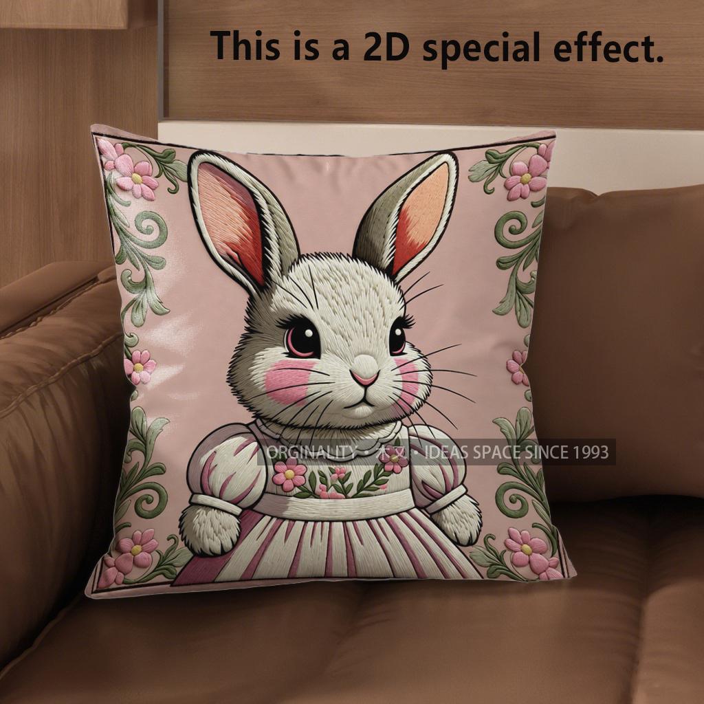 2D Cute Bunny Dressed In Flowers Pillow Covers Pattern Cushion Cover Suitable For Sofa Bedroom Car Pillow Cover