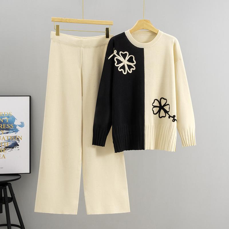 

A Two-piece Set of Fashionable Women s Design with A Color-blocked Floral Knit Top and Wide-leg Pants for Spring and Autumn One size абрикосовий