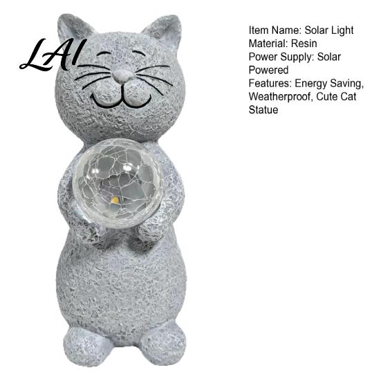 Unique Gift for Gardeners Cat Statue Solar Light Smiling Garden with Cracked Crystal Ball Durable Resin Sculpture Decor Waterproof Animal Lamp Patio