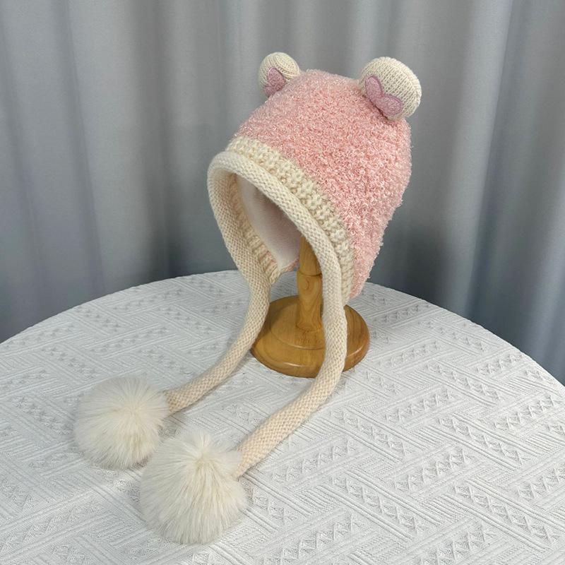 

Женская осенне-зимняя теплая утолщенная защитная шапка с меховым шариком из бархата, вязаная шапка с милым медвежонком One Size розовый