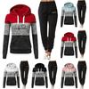 2 st/set Höst Vinter Hoodie Byxor Set Tryckt Färgblock Dragsko Patchficka Topp Dragsko Elastisk Midja Ankelmuddade Byxor Dam Träningsdräkt